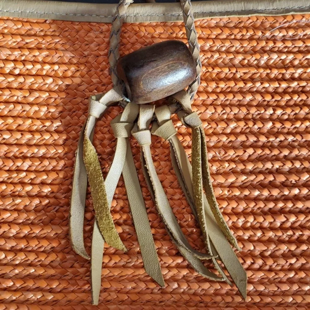 Vintage Donna Dixon Satchel Shoulder Bag Orange Woven‎ Straw Braided Leather